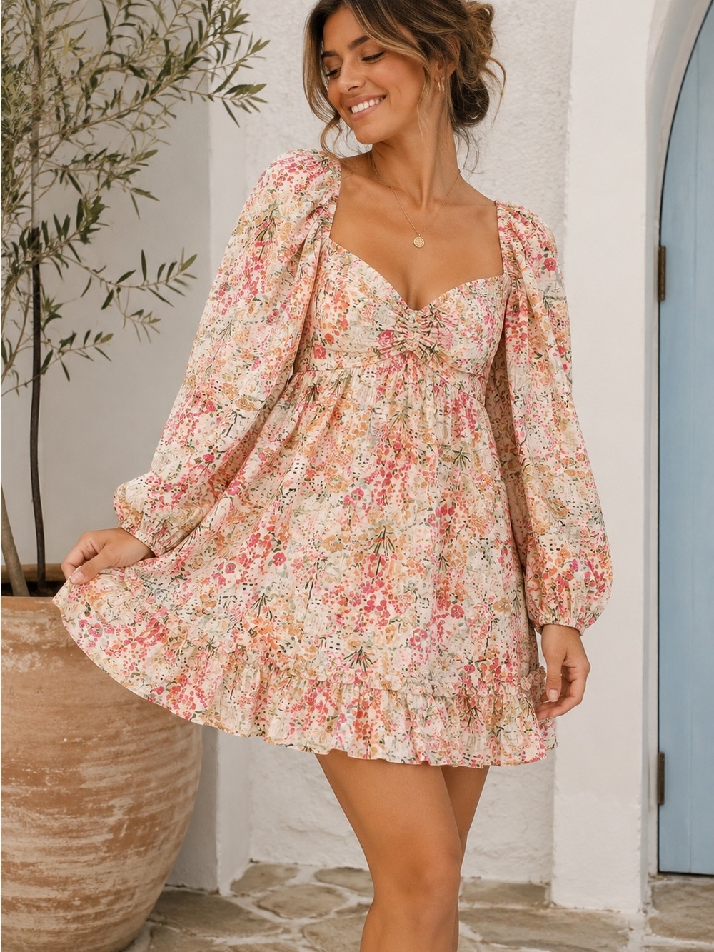 Meet Me in Santorini Floral Puff Sleeve Mini Dress Women’s Large Cottagecore